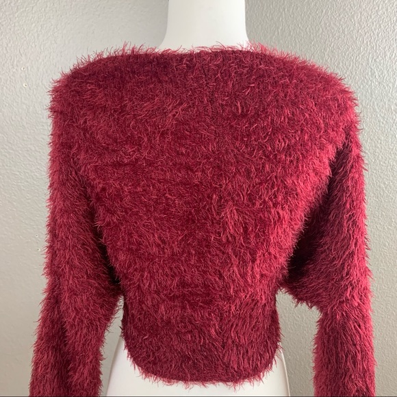 Fashion Nova red wine fuzzy cropped tie sweater - Picture 6 of 9